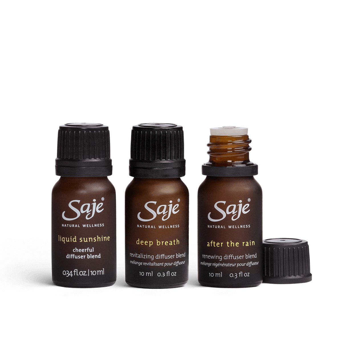 Liquid sunshine diffuser blend, deep breath diffuser blend and after the rain diffuser blend against a white background