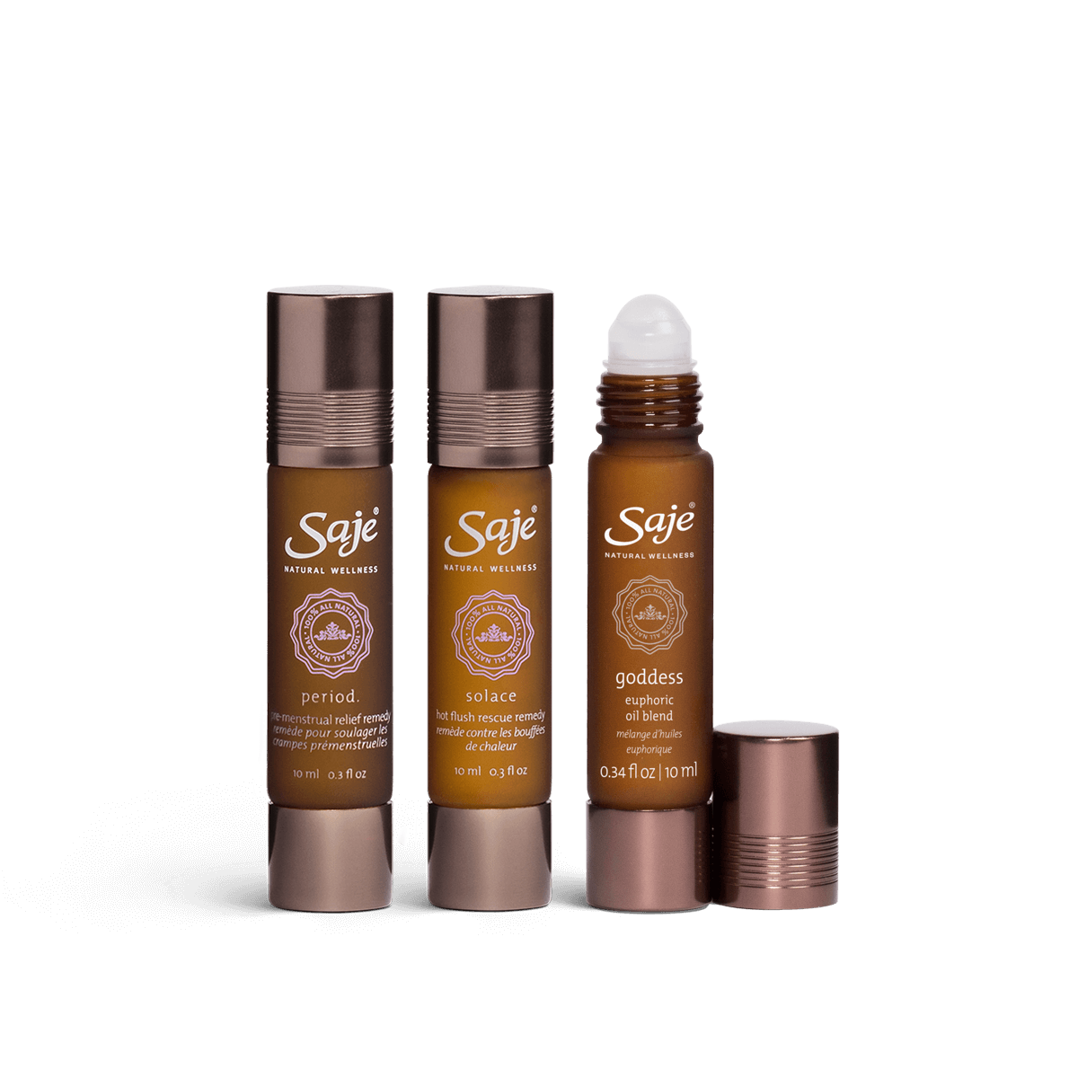 Period roll-on, solace roll-on and goddess roll-on against a white background