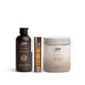 Pain release body oil, pain release roll-on and pain release bath salt soak against a white background