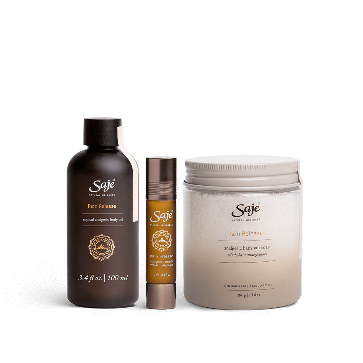 Pain release body oil, pain release roll-on and pain release bath salt soak against a white background