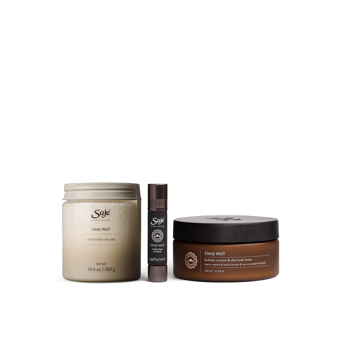 Sleep well bath salt soak, sleep well roll-on and sleep well body butter against a white background