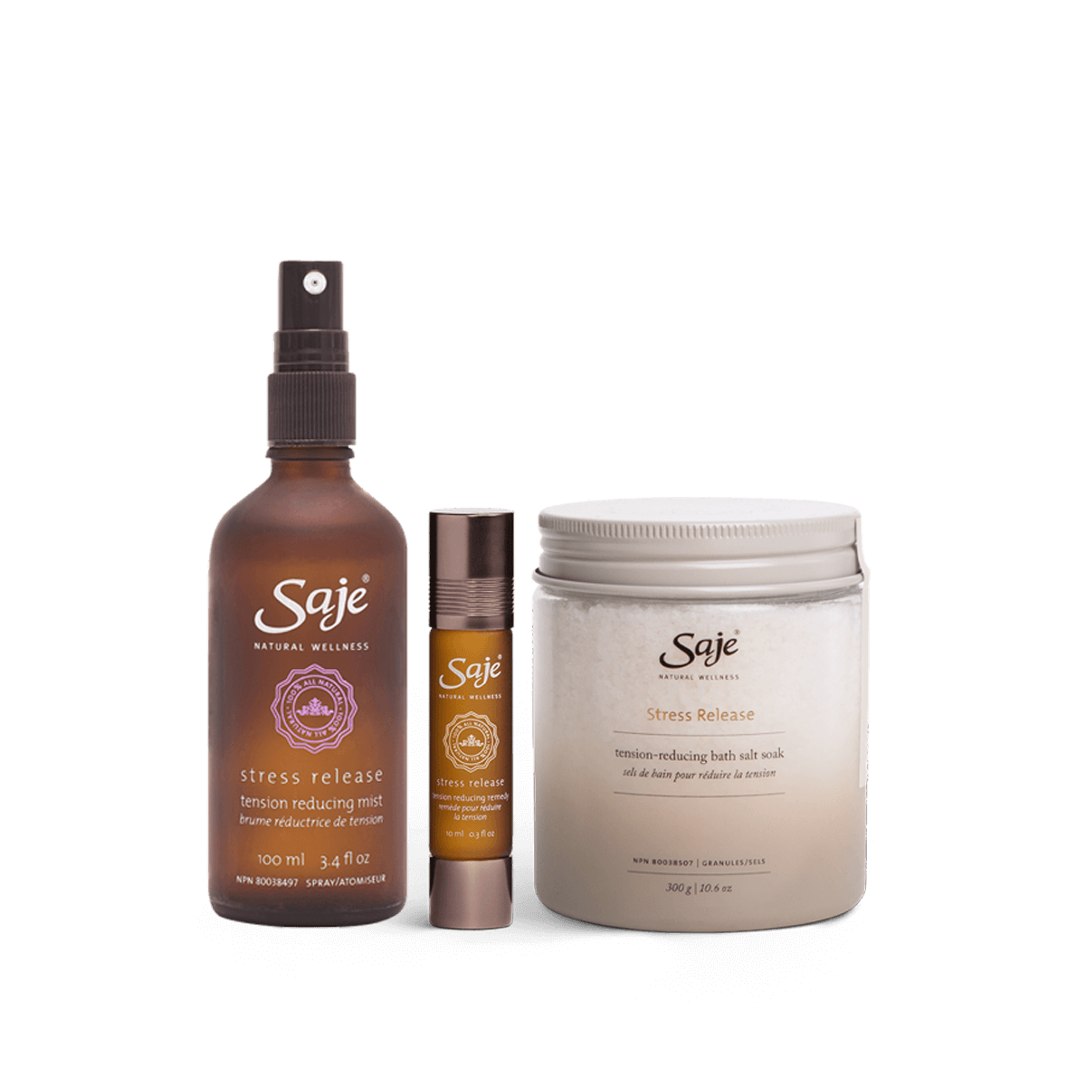 Stress release mist, stress release roll-on and stress release bath salt soak against a white background