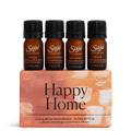 Four 5 ml essential oil diffuser blend bottles sitting on top of a diffuser blend box