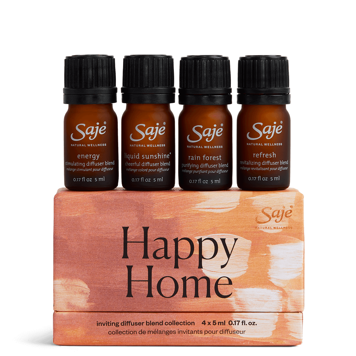 Four 5 ml essential oil diffuser blend bottles sitting on top of a diffuser blend box