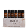 Six 5 ml essential oil diffuser blend bottles sitting on top of a Saje box