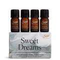 Four 5 ml essential oil diffuser blend bottles sitting on top of a diffuser blend box