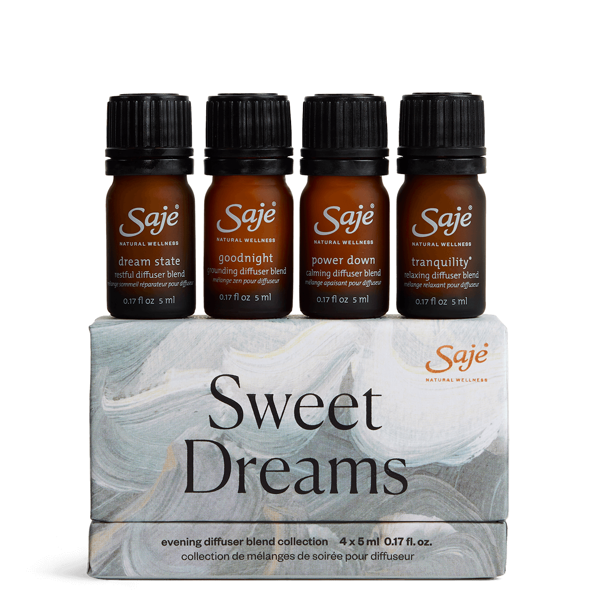 Four 5 ml essential oil diffuser blend bottles sitting on top of a diffuser blend box
