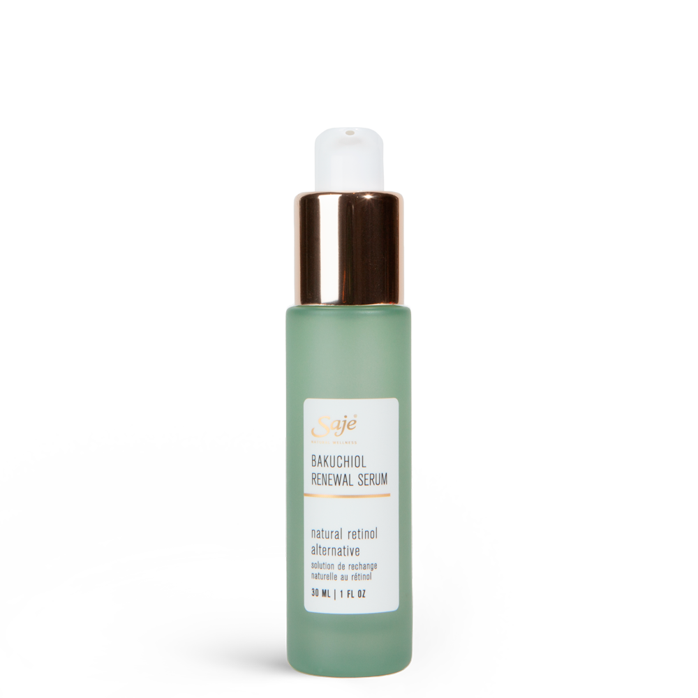 Bakuchiol  renewal serum bottle in a light green glass bottle and the metal and white pump