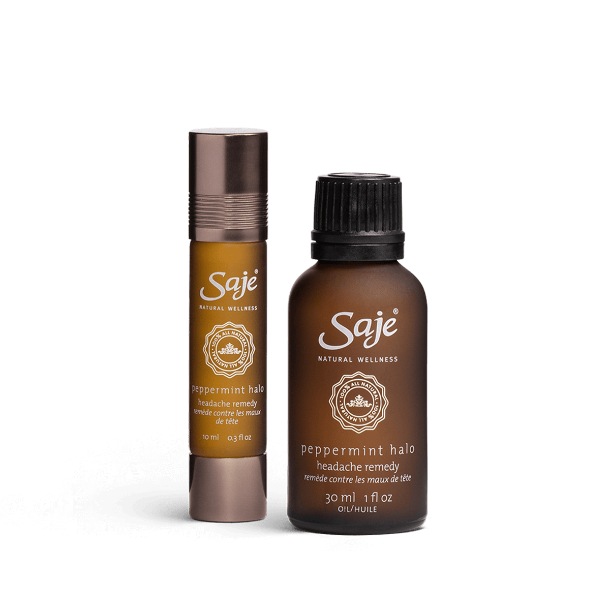 Peppermint Halo 10ml double-ended-blend bottle next to the 30ml refill of the same product, in a brown glass bottle