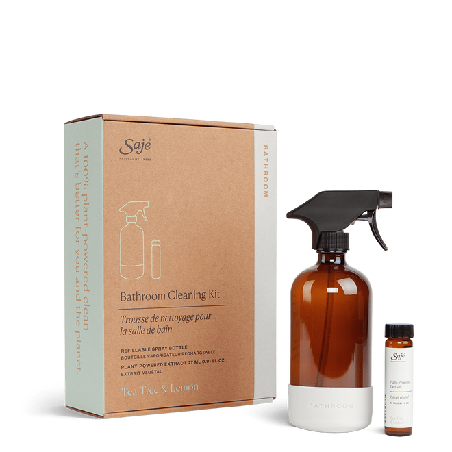 Bathroom cleaning with the box, glass spray bottle and glass refill