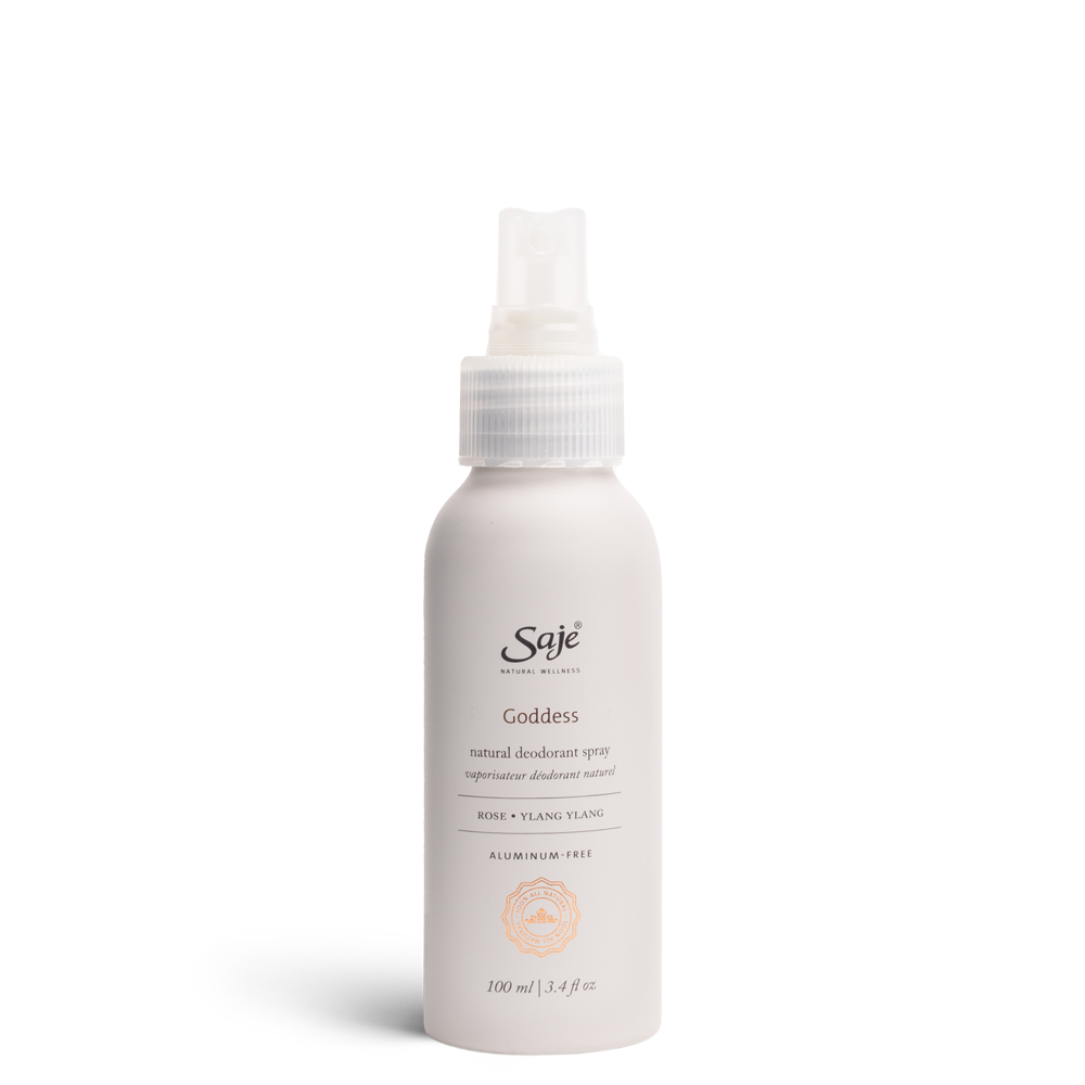 Light purple Goddess deodorant spray bottle on white background